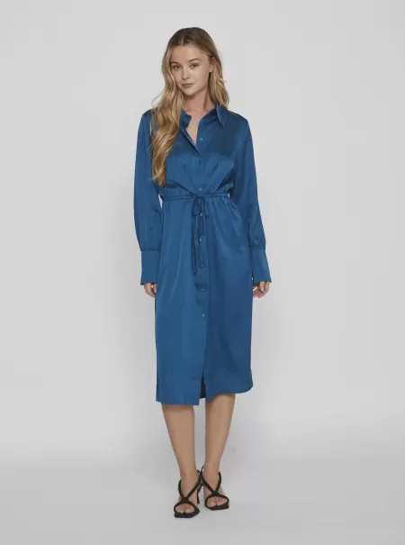 Dame Kjoler Moroccan Blue Langermet Midi Skjortekjole Vila