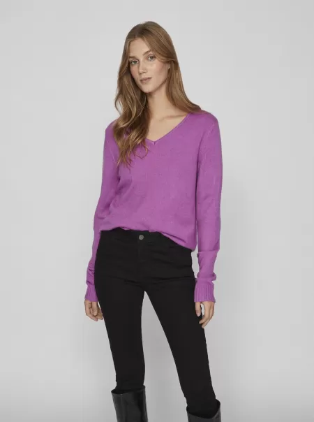 Dame Cattleya Orchid Vila Topper Og T-Skjorter V-Hals Strikket Pullover