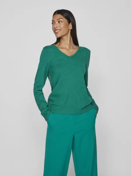 V-Hals Strikket Pullover Vila Topper Og T-Skjorter Dame Ultramarine Green