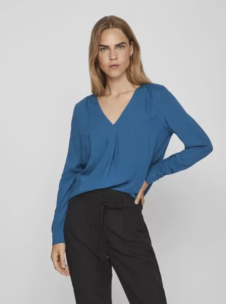 Vila Dame Topper Og T-Skjorter Langermet V-Hals-Bluse Moroccan Blue