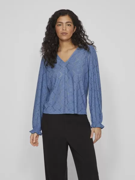 Langermet V-Hals-Bluse Vila Dame Coronet Blue Topper Og T-Skjorter