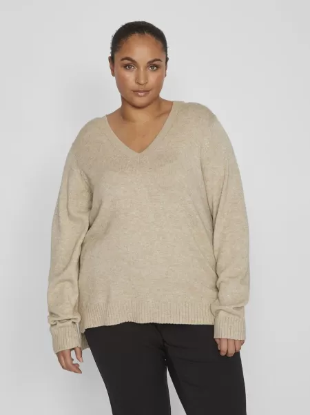 Vila Natural Melange Dame Curve – Behagelig Strikket Pullover Topper Og T-Skjorter