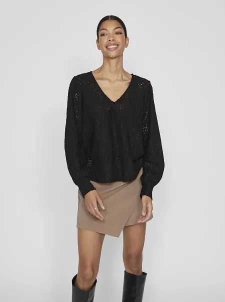 Black V-Hals Langermet Bluse Topper Og T-Skjorter Dame Vila