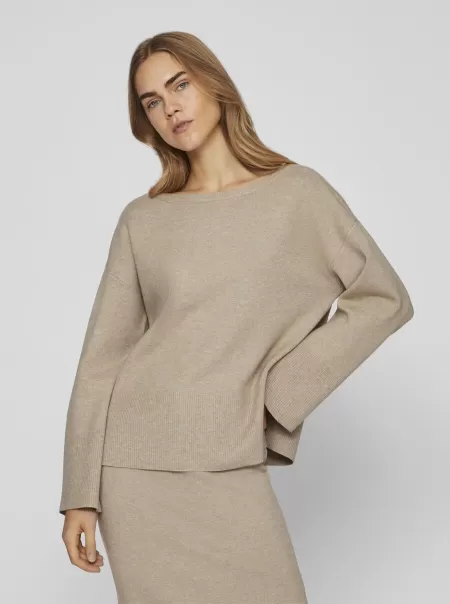 Topper Og T-Skjorter Vila Båthals Strikket Pullover Natural Melange Dame