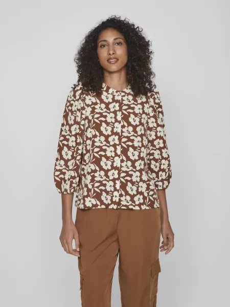 Blomstrete Bluse Med 3/4 Ermer Dame Topper Og T-Skjorter Vila Caramel CafÉ