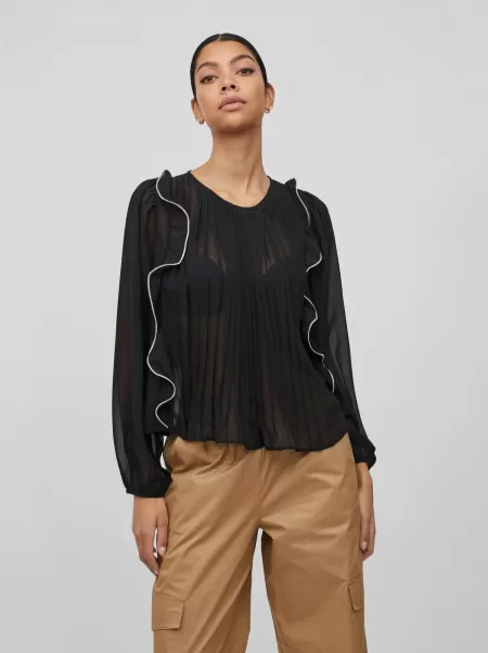 Black Dame Vila Topper Og T-Skjorter Plissert Langermet Bluse