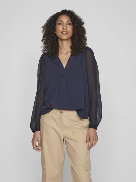 Dame Langermet V-Hals-Bluse Topper Og T-Skjorter Vila Navy Blazer