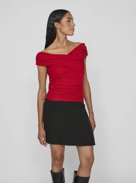 Rynket Off-Shoulder Topp Vila Dame Topper Og T-Skjorter Equestrian Red