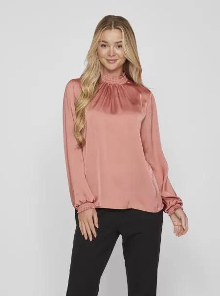 Smock-Hals Langermet Bluse Vila Brick Dust Topper Og T-Skjorter Dame