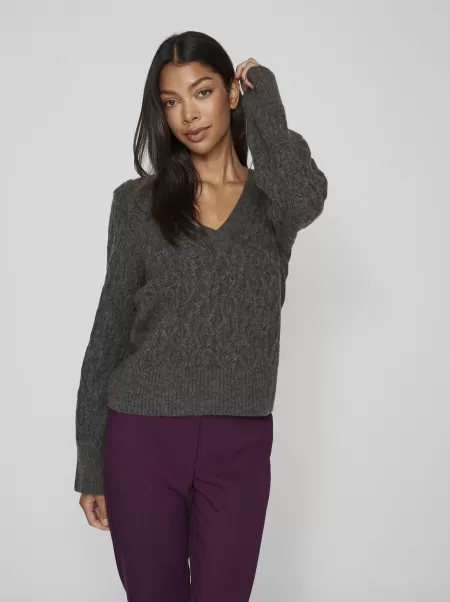 V-Hals Strikket Pullover Vila Strikkeplagg Dame Dark Grey Melange