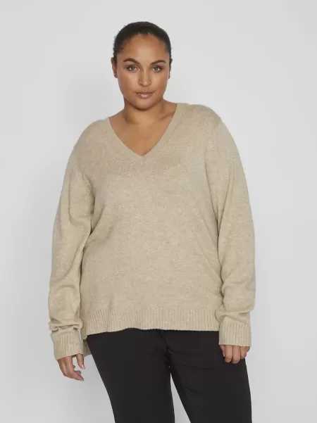 Vila Strikkeplagg Dame Curve – Behagelig Strikket Pullover Natural Melange