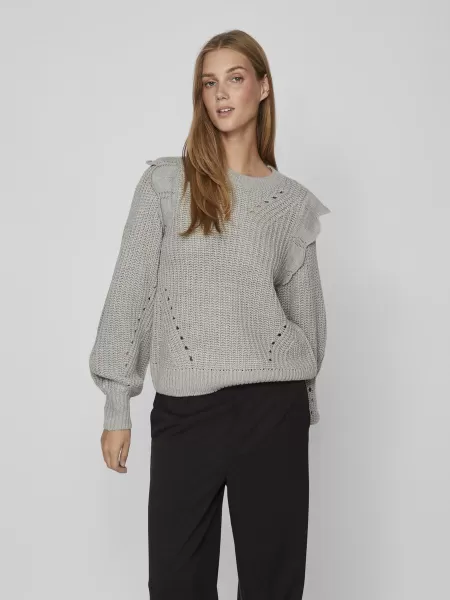 Vila Dame Light Grey Melange Strikkeplagg Detaljert Strikket Pullover