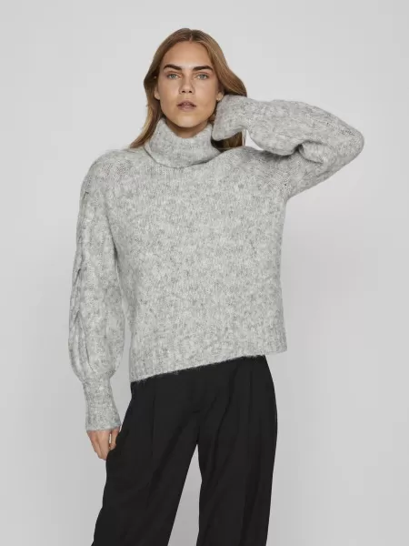 Høyhalset Strikket Pullover Strikkeplagg Dame Light Grey Melange Vila