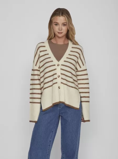 Dame Vila Stripete Strikket Cardigan Birch Strikkeplagg