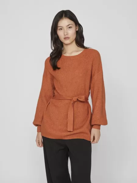 Burnt Orange Vila Strikkeplagg Dame Lang Knytebelte Strikket Topp