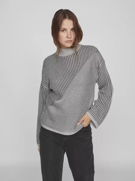 Dame Light Grey Melange Vila Høyhalset Strikket Pullover Strikkeplagg