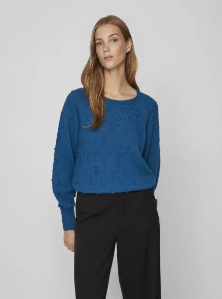 Moroccan Blue Vila Detaljert Strikket Pullover Dame Strikkeplagg