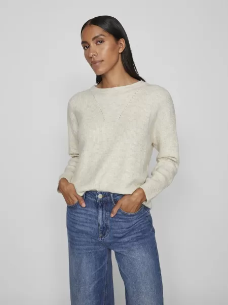 Dame Rund Hals Strikket Pullover Vila Super Light Natural Melan Strikkeplagg