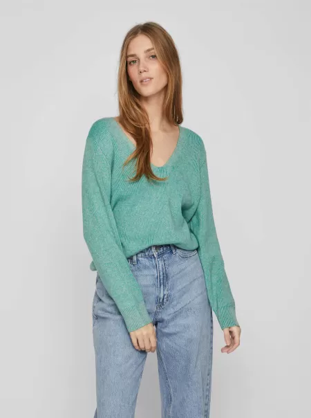 V-Hals Strikket Pullover Strikkeplagg Vila Dame Green Milieu