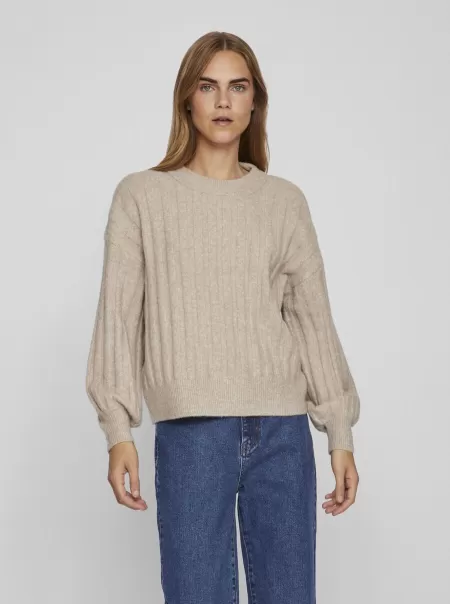 Vila Strikkeplagg Dame Natural Melange Ribbet Strikket Pullover