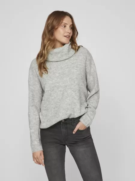 Strikkeplagg Light Grey Melange Vila Dame Høyhalset Strikket Pullover