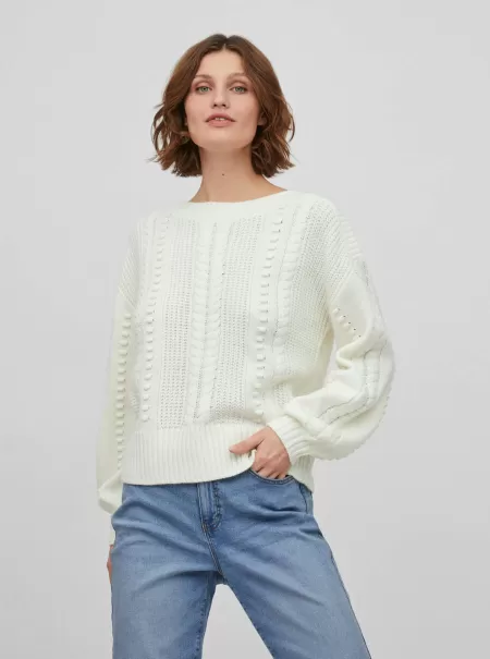 Båthals Strikket Pullover Vila Dame Strikkeplagg White Alyssum