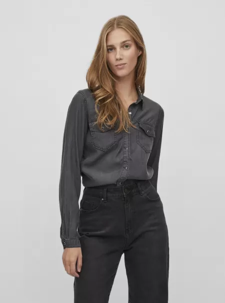 Dame Black Denim Vila Skjorter Lomme Denimskjorte