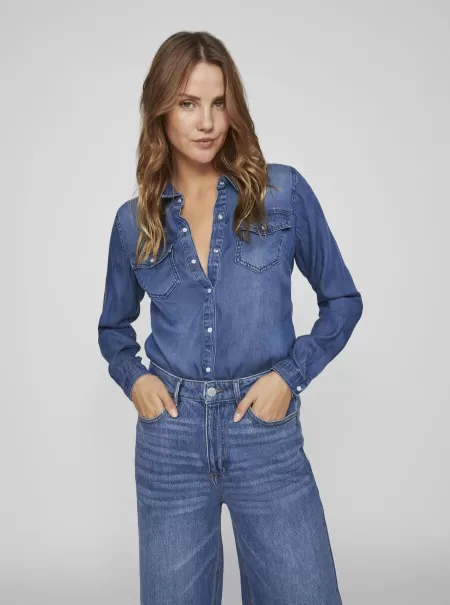 Vila Dame Skjorter Dark Blue Denim Lomme Denimskjorte