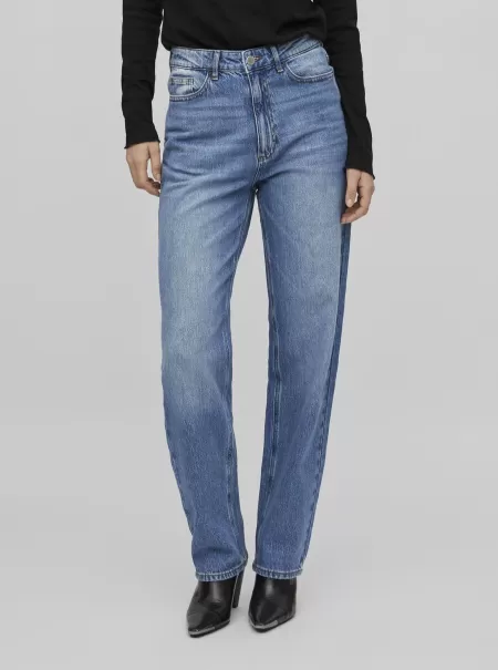 Medium Blue Denim Dame Høy Midje Straight Fit Jeans Jeans Vila